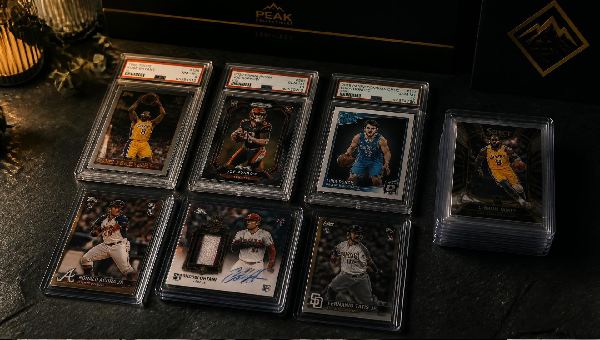 Vintage sports cards spilling from a storage box