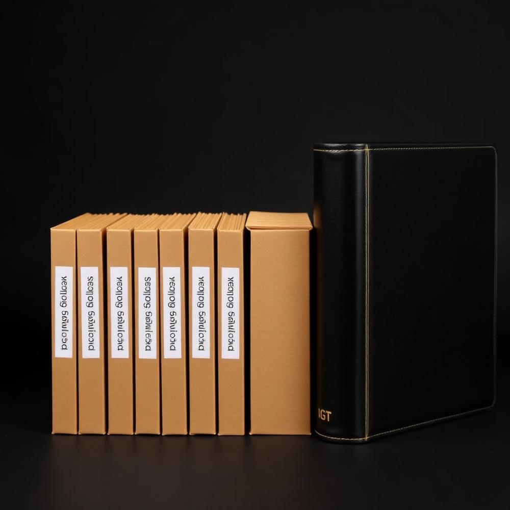 Neatly organized labeled card storage boxes beside a Slabmaster collection binder