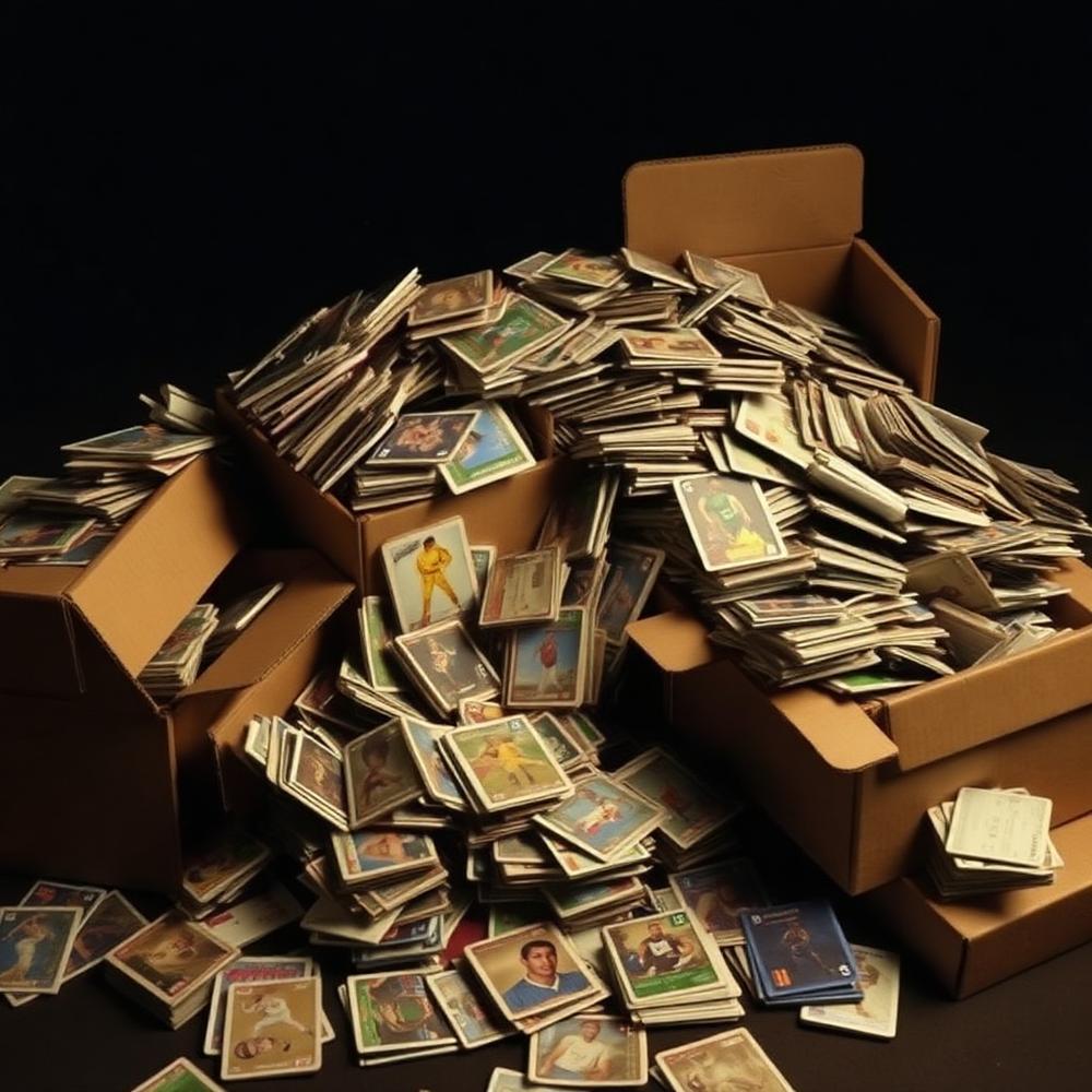 Loose, mixed and unorganized sports cards spilling out of old boxes